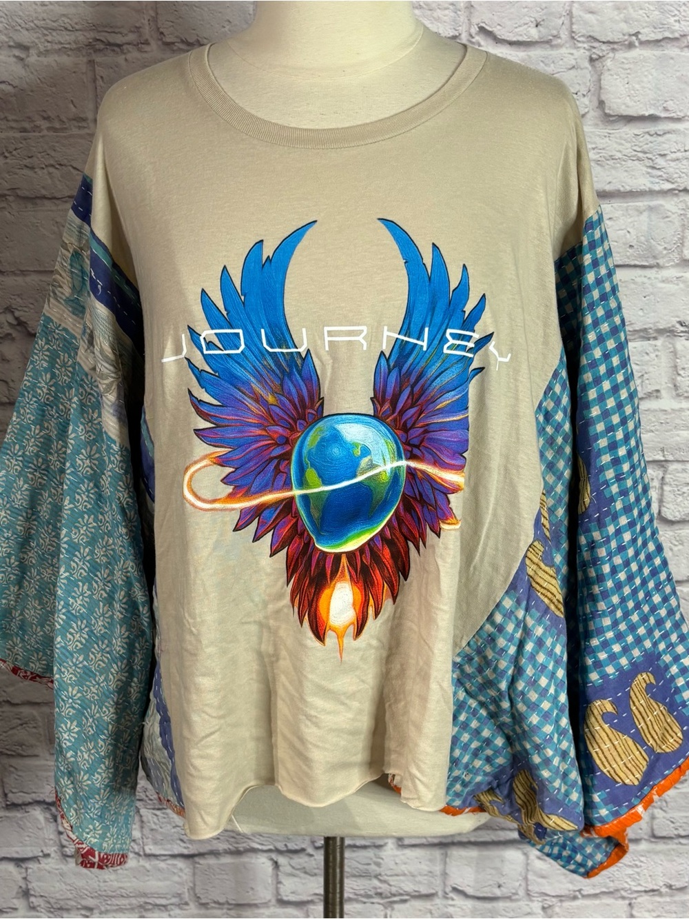 Journey Kantha Poncho XL Upcycled Boho Festival Band Tee One of a Kind - Picture 3 of 8